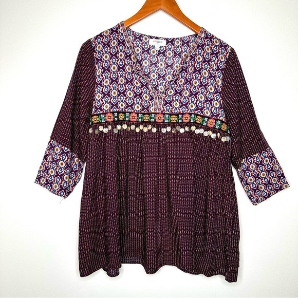 Umgee Tops - Umgee Burgundy Embroidered 3/4 Sleeves Boho Top Size Small